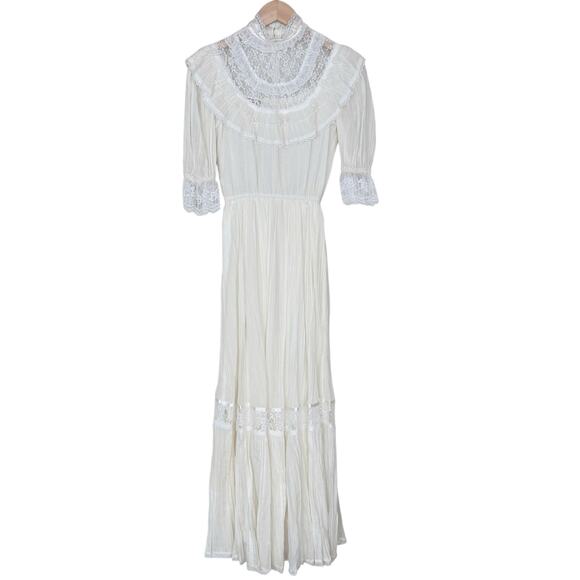 Vintage 70s Gunne Sax White Lace Maxi Dress Prairie Boho Sz 5 - Picture 1 of 15